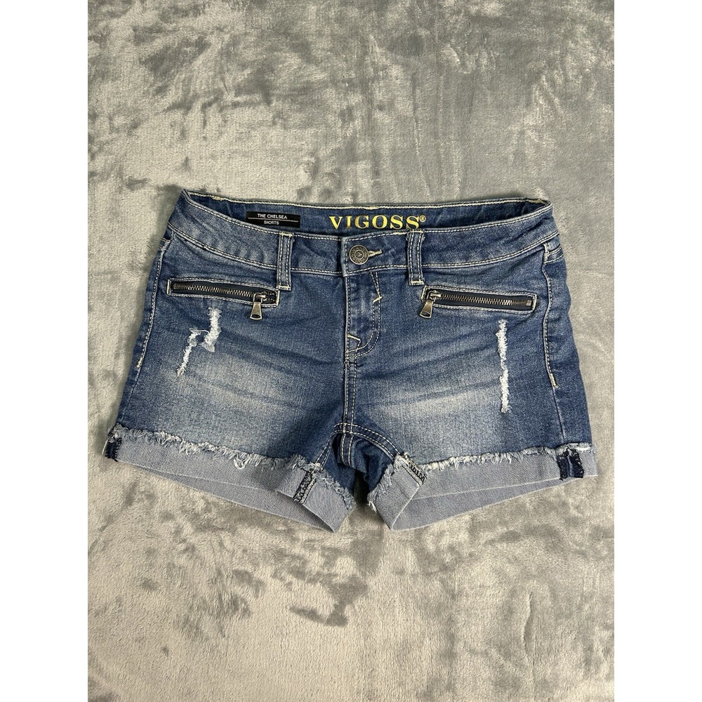 Vigoss Women Blue Denim Distressed Zipper Pockets Cuffed Shorts Size 12‎